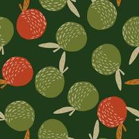 Random seamless abstract pattern with organic apple print. Green and red fruit shapes on dark green background. vector