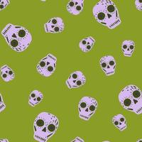 Random seamless pattern with grey creepy skulls elements. Green bright background. Mexican holiday backdrop. vector