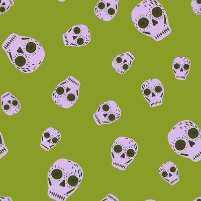 Random seamless pattern with grey creepy skulls elements. Green bright background. Mexican holiday backdrop.