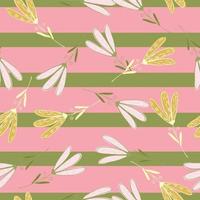 Seamless random pattern with simple flower elements. Pink and green striped background. vector