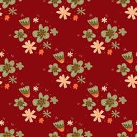 Folk flowers ornament seamless doodle pattern in hand drawn style with maroon background. vector