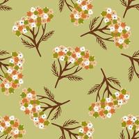 Hand drawn seamless pattern with white and oange colored yarrow shapes on green background. vector