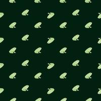 Abstract zoo wilflige seamless pattern with contrast green frog ornament. Dark background. Doodle print. vector