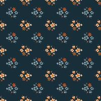 Cartoon seamless nature pattern with botanic flower elements. Navy blue background. vector