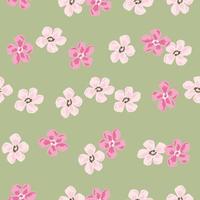 Vintage seamless pattern with random pink colored flowers bud ornament. Green pale background. Botany artwork. vector