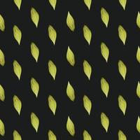 Dark seamless pattern with green colored leaves ornament. Black background. Botanic backdrop. vector