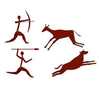 Rock paintings isolated on white background. Hunter and animal in flat. vector