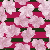 Hand drawn seamless doodle pattern with random pink outline flower elements. Striped black background. vector