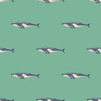 Seamless pattern Fin whale on green background. Template of cartoon character of ocean for fabric. vector