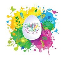 colorida tarjeta de felicitación feliz pascua con composición de elementos de primavera. manchas coloridas dibujadas a mano. vector