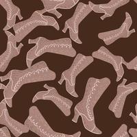 Seamless random pattern with simple beige boots women shapes. Brown dark background. vector