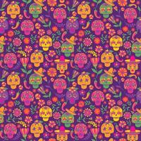 Dia de los muertos seamless vector pattern. The main symbols of the holiday on the dark background. Day of the dead.