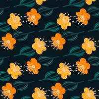 Scrapbook seamless botanic pattern with orange flowe silhouettes. Black background. Simple design. vector