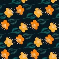 Scrapbook seamless botanic pattern with orange flowe silhouettes. Black background. Simple design. vector