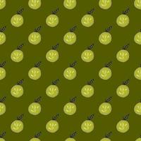 Summer organic fruit seamless pattern with simple apple shapes. Green olive background. Fruit backdrop. vector