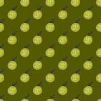 Summer organic fruit seamless pattern with simple apple shapes. Green olive background. Fruit backdrop. vector