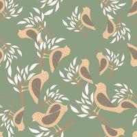 Random seamless pattern in pastel tones with beige birds on branches. Green olive background. vector