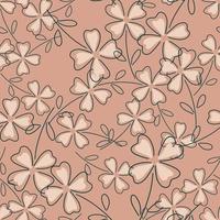 Nature seamless pattern with outline four-leaf clover silhouettes. Pink pale background. vector