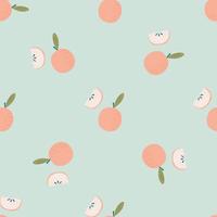 Tender seamless fruit pattern with pink apple elements. Blue light background. Pastel tones artwork. vector