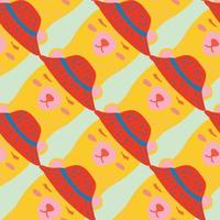 Doodle seamless pattern with hand drawn yellow bear heads in red panamas. Light background. vector
