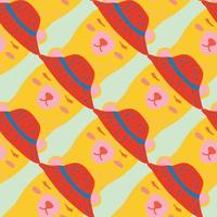 Doodle seamless pattern with hand drawn yellow bear heads in red panamas. Light background. vector