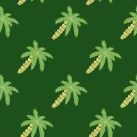 Nature beach seamless pattern with doodle palm tree ornament. Green palette artwork. Jungle backdrop. vector