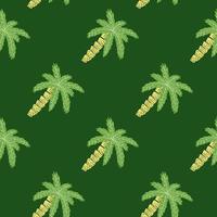 Nature beach seamless pattern with doodle palm tree ornament. Green palette artwork. Jungle backdrop. vector