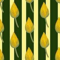 Wilflife asian botany seamless pattern with doodle lotus bud elements. Yellow flowers and striped background. vector