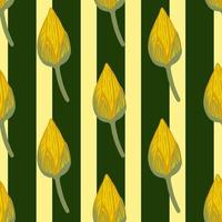 Wilflife asian botany seamless pattern with doodle lotus bud elements. Yellow flowers and striped background. vector