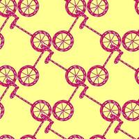 Geometric seamless pattern with bright pink bicycle silhouettes ornament. Light yellow background. vector