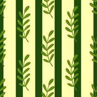 Scrapbook seamless botanic pattern with simple leaf banches ornament. Green striped background. vector