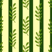 Scrapbook seamless botanic pattern with simple leaf banches ornament. Green striped background. vector