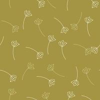 Vintage seamless pattern in green olive pale color with doodle dandelion flowers shapes. vector