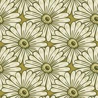 Big sunflowers contoured elements seamless bloom pattern. Green and grey tones organic print. vector