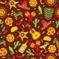 Cinco de Mayo celebration in Mexico, seamless pattern ond brown with, food, sambrero, tequila, cactus.Vector illustration. vector