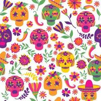 dia de los muertos patrón de vector transparente. los principales símbolos de la fiesta en el fondo oscuro. dia de los Muertos.