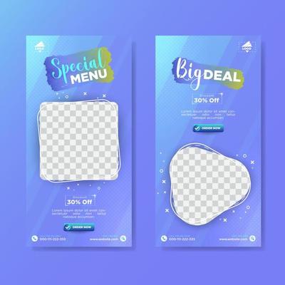 Banner of food menu promotion template for social media post. With Stripe gradient purple color background