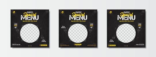 menú de comida súper especial para la promoción de publicaciones en redes sociales con un fondo oscuro. vector