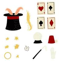 Set magic elements isolated on white background. Cartoon hat, rabbit, star, ring, cards, ball, thimble, magic wand, confetti hand drawn sketch red color. vector