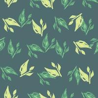 Vintage seamless nature pattern with green and yellow colored leaves. Navy blue pale background. vector