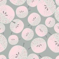 Random seamless pattern in hand drawn style with apple slices pink ornament. Grey background. vector