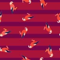 Seamless random pattern with doodle orange bright ara parrot ornament. Pink striped background. vector