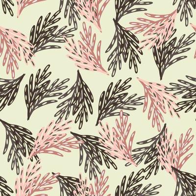 Abstract spring foliage seamless pattern with brown and pink colored leaf twigs. Light pastel background.