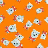 Random seamless pattern with doodle sailor bear character silhouettes. Orange bright background. vector