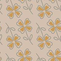 Sketch orange four-leaf clover seamless pattern in simple style. Pale lilac background. Simple print. vector