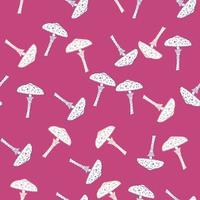 Nature autumn seamless pattern with random mushroom shapes. Outline white ornament. Pink background. vector