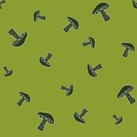 Leccinum scabrum mushroom random seamless pattern in doodle style. Green background. Autumn season. vector