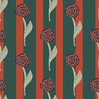 Decorative seamless pattern with dark maroon roses flowers ornament. Striped background. vector