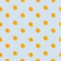 Decorative seamless pattern with little yellow flowers daisy ornament. Pastel light blue background. vector