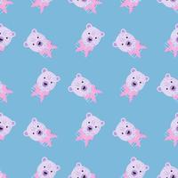 Kids funny seamless pattern with pink colored bears head print. Blue pastel background. vector